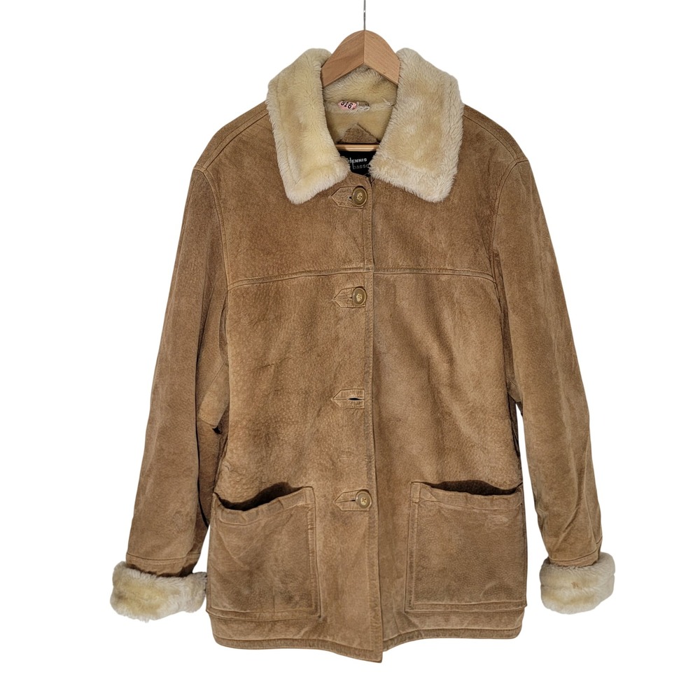 VTG Dennis Basso Genuine Suede Faux Sherpa Lined Jacket Tan Shearling‎ Collar M